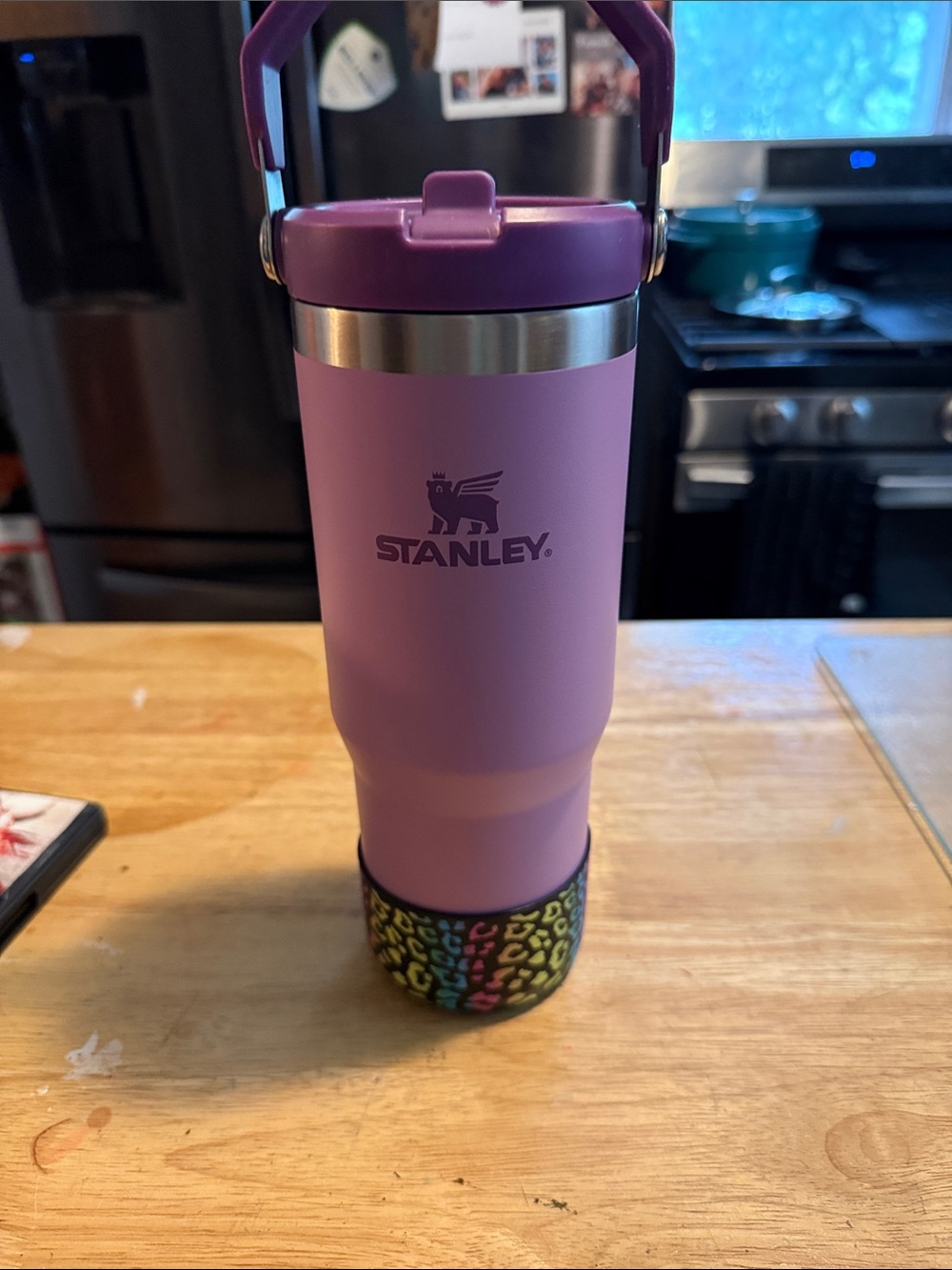 Stanley Pink-Purple Insulated Travel Tumbler with Multicolor Leopard Base